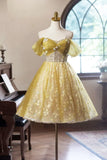 Ndyad Floral Tulle Knee Length Prom Dress, A-Line Off the Shoulder Homecoming Dress HZ1024