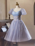 Ndyad Purple Tulle Short Sleeves Homecoming Dress, Beautiful Knee Length Prom Party Dress HZ1024