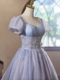 Ndyad Purple Tulle Short Sleeves Homecoming Dress, Beautiful Knee Length Prom Party Dress HZ1024