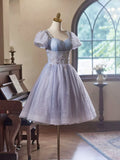 Ndyad Purple Tulle Short Sleeves Homecoming Dress, Beautiful Knee Length Prom Party Dress HZ1024