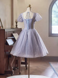 Ndyad Purple Tulle Short Sleeves Homecoming Dress, Beautiful Knee Length Prom Party Dress HZ1024