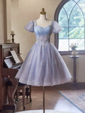 Ndyad Purple Tulle Short Sleeves Homecoming Dress, Beautiful Knee Length Prom Party Dress HZ1024