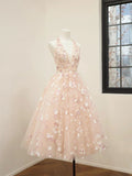 Ndyad V-Neck Tulle Sequins Short Prom Dress, Cute A Line Backless Homecoming Dress HZ1024