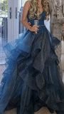Ndyad A-line V-neck Tulle Sequins Long Prom Dress, Spaghetti Strap Evening Dress HZ1024