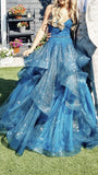 Ndyad A-line V-neck Tulle Sequins Long Prom Dress, Spaghetti Strap Evening Dress HZ1024