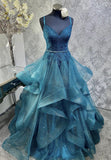 Ndyad A-line V-neck Tulle Sequins Long Prom Dress, Spaghetti Strap Evening Dress HZ1024