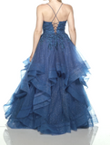 Ndyad A-line V-neck Tulle Sequins Long Prom Dress, Spaghetti Strap Evening Dress HZ1024