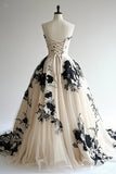 Ndyad Champagne A-line Sweetheart Neckline Tulle Applique Wedding Dress, Vintage Long Evening Gown HZ1024