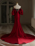 Ndyad Mermaid Puff Sleeves Satin Burgundy Long Prom Dress, Burgundy Long Formal Dress HZ1024
