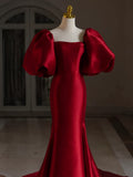 Ndyad Mermaid Puff Sleeves Satin Burgundy Long Prom Dress, Burgundy Long Formal Dress HZ1024