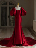 Ndyad Mermaid Puff Sleeves Satin Burgundy Long Prom Dress, Burgundy Long Formal Dress HZ1024