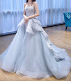 Ndyad Blue A-line Strapless Tulle Long Prom Dress, Ice Blue Evening Gown HZ1024