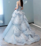 Ndyad Blue A-line Strapless Tulle Long Prom Dress, Ice Blue Evening Gown HZ1024