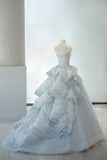 Ndyad Blue A-line Strapless Tulle Long Prom Dress, Ice Blue Evening Gown HZ1024