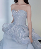 Ndyad Blue A-line Strapless Tulle Long Prom Dress, Ice Blue Evening Gown HZ1024
