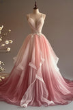 Ndyad A-Line V-Neck Tulle Applique Long Prom Dress, Spaghetti Strap Vintage Evening Dress HZ1024