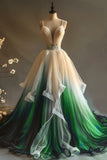 Ndyad A-Line V-Neck Tulle Applique Long Prom Dress, Spaghetti Strap Vintage Evening Dress HZ1024