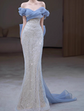 Ndyad Off Shoulder Tulle Sequin Long Prom Dress, Elegant Evening Gown HZ1024