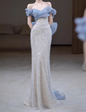 Ndyad Off Shoulder Tulle Sequin Long Prom Dress, Elegant Evening Gown HZ1024