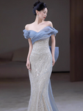 Ndyad Off Shoulder Tulle Sequin Long Prom Dress, Elegant Evening Gown HZ1024