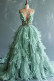 Ndyad Green A-line Spaghetti Strap Tulle Long Prom Dress, Elegant Evening Dress HZ1024