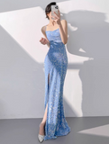 Ndyad Mermaid Sequin Spaghetti Strap Long Prom Dress, Formal Evening Dress HZ1024