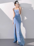 Ndyad Mermaid Sequin Spaghetti Strap Long Prom Dress, Formal Evening Dress HZ1024