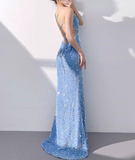 Ndyad Mermaid Sequin Spaghetti Strap Long Prom Dress, Formal Evening Dress HZ1024