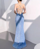 Ndyad Mermaid Sequin Spaghetti Strap Long Prom Dress, Formal Evening Dress HZ1024