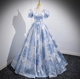 Ndyad A-line U-neck Floral Satin Long Prom dress, Elegant Formal Evening Gown HZ1024