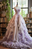 Ndyad Purple Strapless Tulle Vintage Long Ball Gown, Sweetheart Veck Lace Applique Evening Gown HZ1024