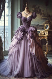 Ndyad Purple A-Line Sweetheart Neck Tulle Lace Vintage Long Prom Dress HZ1024
