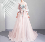 Ndyad Pink A-line Long-Sleeved Tulle Embroidered Wedding Dress, Gentle Long Prom Dress HZ1024