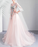 Ndyad Pink A-line Long-Sleeved Tulle Embroidered Wedding Dress, Gentle Long Prom Dress HZ1024