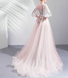 Ndyad Pink A-line Long-Sleeved Tulle Embroidered Wedding Dress, Gentle Long Prom Dress HZ1024