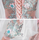 Ndyad Pink A-line Long-Sleeved Tulle Embroidered Wedding Dress, Gentle Long Prom Dress HZ1024