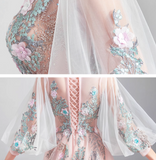 Ndyad Pink A-line Long-Sleeved Tulle Embroidered Wedding Dress, Gentle Long Prom Dress HZ1024