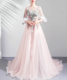 Ndyad Pink A-line Long-Sleeved Tulle Embroidered Wedding Dress, Gentle Long Prom Dress HZ1024
