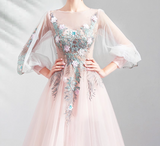 Ndyad Pink A-line Long-Sleeved Tulle Embroidered Wedding Dress, Gentle Long Prom Dress HZ1024