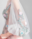 Ndyad Pink A-line Long-Sleeved Tulle Embroidered Wedding Dress, Gentle Long Prom Dress HZ1024