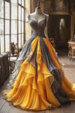 Ndyad A-Line Tulle V-neck Long Prom Dresses, Spaghetti Straps Formal Evening Gown HZ1024