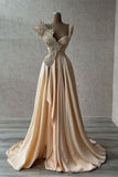 Ndyad A-Line Satin V-Neck Long Ball Dress, One-Shoulder Formal Evening Dress HZ1024