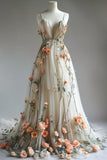 Ndyad V Neck Wedding Dresses 3D Flowers Appliques Tulle A-line Prom Gowns HZ1024