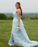 Ndyad Blue Strapless Layered Tulle Prom Dress with Sequins HZ1024
