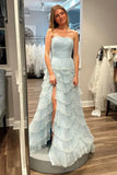Ndyad Blue Strapless Layered Tulle Prom Dress with Sequins HZ1024