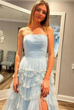 Ndyad Blue Strapless Layered Tulle Prom Dress with Sequins HZ1024