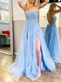 Ndyad Blue A-Line Spaghetti Strap Lace Tulle Long Prom Dress HZ1024