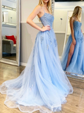 Ndyad Blue A-Line Spaghetti Strap Lace Tulle Long Prom Dress HZ1024