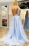 Ndyad Blue A-Line Spaghetti Strap Lace Tulle Long Prom Dress HZ1024