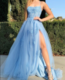 Ndyad Blue A-Line Spaghetti Strap Lace Tulle Long Prom Dress HZ1024